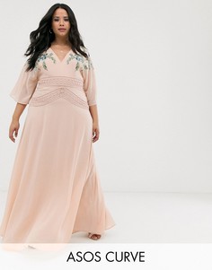 Платье макси с короткими рукавами, вышивкой на лифе и кружевом на талии ASOS DESIGN Curve-Мульти