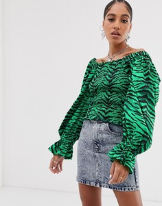 Присборенный лонгслив с квадратным вырезом и звериным принтом ASOS DESIGN-Мульти
