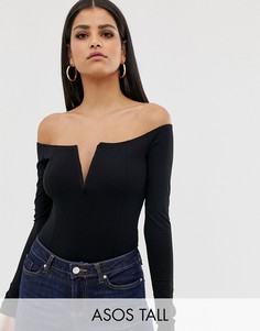 Боди с открытыми плечами, длинными рукавами и глубоким вырезом ASOS DESIGN Tall-Черный