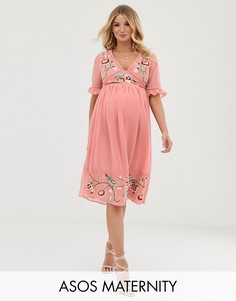 Платье миди с вышивкой и кружевной отделкой ASOS DESIGN Maternity-Розовый