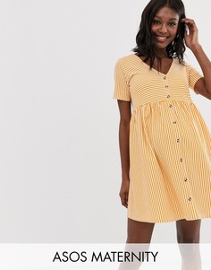 Свободное платье в полоску с пуговицами и V-образным вырезом ASOS DESIGN Maternity-Белый