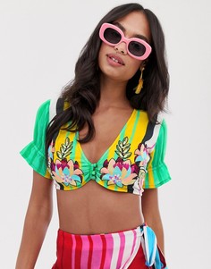 Укороченный пляжный премиум-топ в разноцветную полоску с вышивкой ASOS DESIGN-Мульти