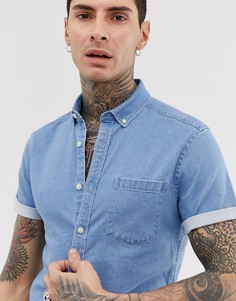 Светлая эластичная джинсовая рубашка приталенного кроя ASOS DESIGN-Синий
