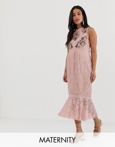 Розовое кружевное платье-футляр с вышивкой и оборкой Hope & Ivy Maternity-Розовый