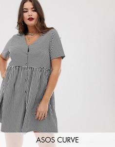 Свободное платье мини в полоску на пуговицах с V-образным вырезом ASOS DESIGN Curve-Мульти