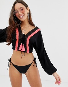 Пляжный топ с неоновой бахромой и шнуровкой ASOS DESIGN-Черный