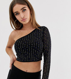 Кроп-топ на одно плечо с отделкой камнями ASOS DESIGN Petite-Черный