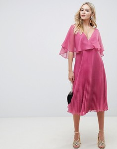 Платье миди с рукавами клеш и плиссированной юбкой ASOS DESIGN-Розовый