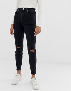 Черные выбеленные джинсы слим в винтажном стиле с завышенной талией и рваной отделкой на коленях ASOS DESIGN - Farleigh-Черный