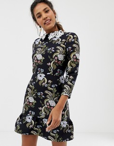 Жаккардовое платье мини с баской и кружевной отделкой ASOS DESIGN-Мульти