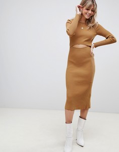 Платье миди в рубчик с вырезом ASOS DESIGN-Бежевый