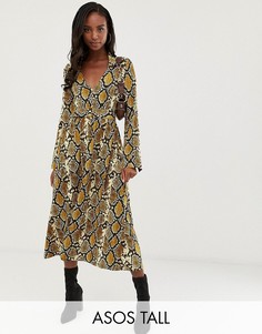 Приталенное платье-рубашка миди с поясом и змеиным принтом ASOS DESIGN Tall-Мульти