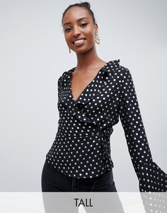 Блузка с длинными рукавами в золотистый горошек Glamorous Tall-Черный