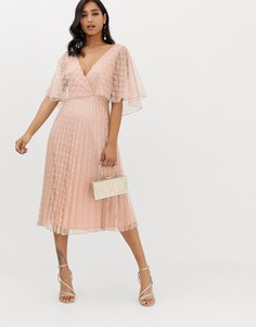 Кружевное платье миди с рукавами клеш и плиссированной юбкой ASOS DESIGN-Бежевый
