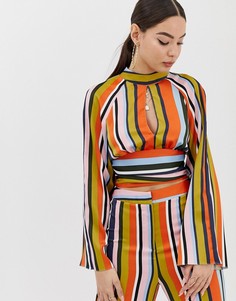 Комбинируемый атласный лонгслив в полоску с высоким воротом и запахом ASOS DESIGN-Мульти