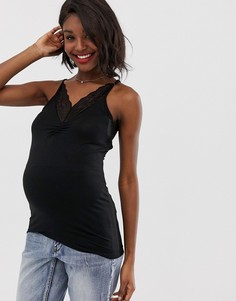 Трикотажный топ на бретельках для беременных с кружевной отделкой Mamalicious-Черный Mama.Licious
