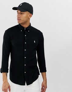 Черная приталенная футболка-поло из пике с воротником на пуговицах Polo Ralph Lauren-Черный