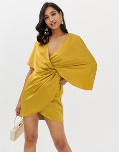Атласное платье мини с асимметричными рукавами кимоно ASOS DESIGN-Золотой