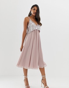 Платье миди на бретелях с искусственным жемчугом на лифе ASOS DESIGN-Розовый