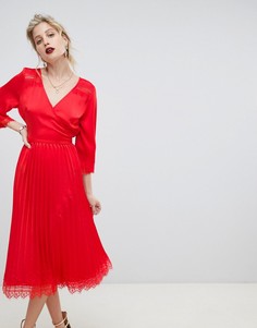 Платье миди с кружевом и плиссированной юбкой Liquorish-Красный