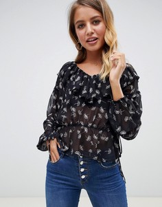 Топ с длинными рукавами, оборками, V-образным вырезом и цветочным принтом ASOS DESIGN-Мульти