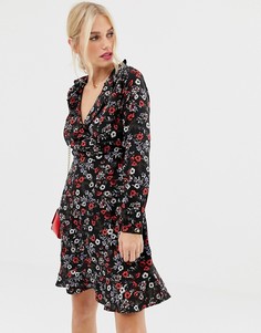 Платье с длинными рукавами, запахом и цветочным принтом Uttam Boutique-Черный