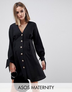 Короткое приталенное платье на пуговицах с завязками на рукавах ASOS DESIGN Maternity-Черный