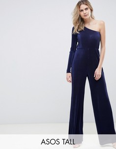 Плиссированный комбинезон на одно плечо ASOS DESIGN Tall-Темно-синий