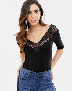 Боди с открытыми плечами и кружевной отделкой ASOS DESIGN-Черный