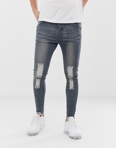 Выбеленные синие джинсы скинни с рваными коленями SikSilk-Синий