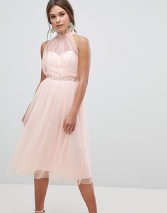 Платье миди из тюля с высоким воротом и отделкой на талии ASOS-Мульти