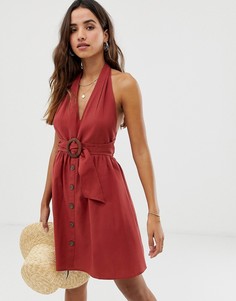 Льняной сарафан мини на пуговицах с пряжкой ASOS DESIGN-Красный