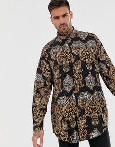 Oversize-рубашка с заниженной линией плеч и принтом в стиле барокко ASOS DESIGN-Черный