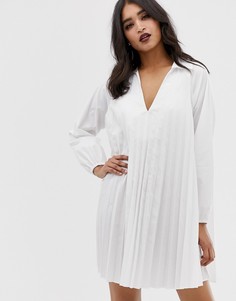 Хлопковое плиссированное платье мини с длинными рукавами ASOS DESIGN-Белый
