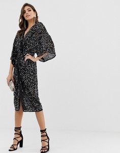 Платье-кимоно миди с перекрученной отделкой спереди и пайетками ASOS DESIGN-Розовый