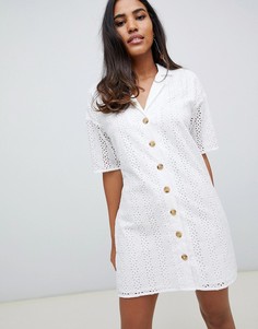 Платье-рубашка мини на пуговицах с вышивкой ришелье ASOS DESIGN-Белый
