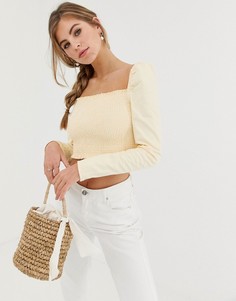 Джинсовый укороченный топ со сборками лимонно-желтого цвета ASOS DESIGN-Светло-бежевый