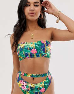 Бикини топ-бандо с вырезами и тропическим принтом ASOS DESIGN-Мульти
