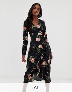 Oversize-платье миди с запахом и цветочным принтом Fashion Union Tall-Черный