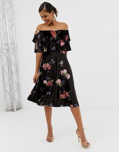 Бархатное платье миди с оборками и плиссировкой ASOS DESIGN-Мульти