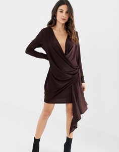 Платье мини с запахом и глубоким вырезом ASOS DESIGN-Коричневый