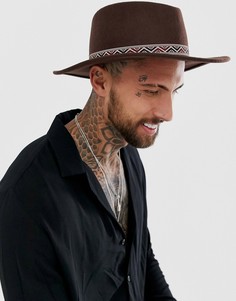 Коричневая шляпа с широкими полями и ацтекским принтом на ленте ASOS DESIGN-Коричневый