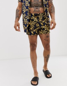 Темно-синие шорты для плавания с принтом в стиле барокко SikSilk-Темно-синий