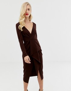 Платье миди с запахом и длинными рукавами ASOS DESIGN-Коричневый
