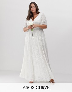 Платье макси с расклешенными рукавами и пайетками ASOS EDITION Curve wedding-Белый