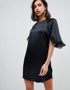 Свободное черное платье с оборками на рукавах River Island-Черный