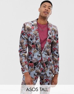 Супероблегающий бархатный пиджак голубого цвета с цветочным принтом ASOS DESIGN Tall-Синий