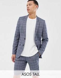 Синий узкий льняной пиджак в клетку ASOS DESIGN Tall
