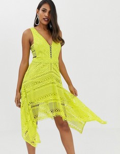 Кружевное платье миди с асимметричным краем ASOS DESIGN-Желтый