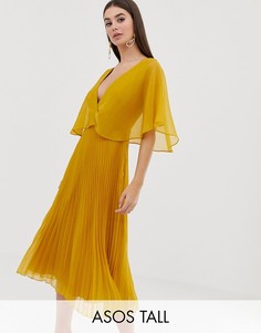 Платье миди с рукавами клеш и плиссированной юбкой ASOS DESIGN Tall-Золотой